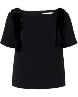 Carolina Herrera Bow-Detail Velvet-Trimmed Crêpe Top - Black