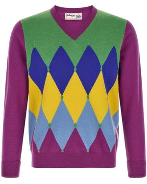 Ballantyne Diamond Intarsia V-Neck Knitted Jumper - Pink