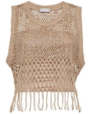 Brunello Cucinelli Fringed Knit Cropped Top - Natural