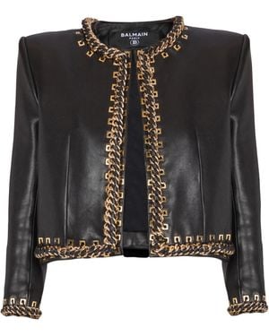 Balmain Lambskin Edge-To-Edge Jacket With Chain Trim - Black