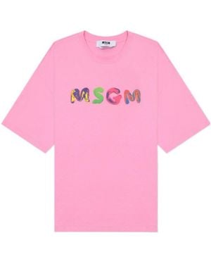 MSGM Logo-Print Cotton T-Shirt - Pink