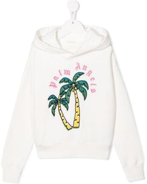 Palm Angels Palm-Tree Embroidered Cotton Hoodie - White