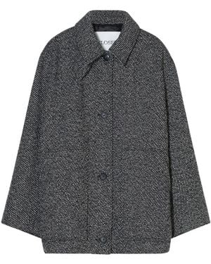 Closed Herringbone-Pattern Button Coat - Gray