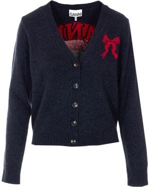 Ganni V-Neck Knitted Cardigan - Blue