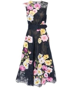 Oscar de la Renta Orchid Embroidered Lace Cocktail Dress - Blue
