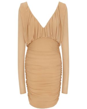 Saint Laurent V-Neck Draped Long-Sleeved Dress - Natural
