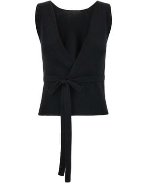 Patou Ribbed-Knit V-Neck Wrap Top - Black
