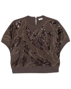 Brunello Cucinelli Sequin-Embellished Embroidered Top - Brown