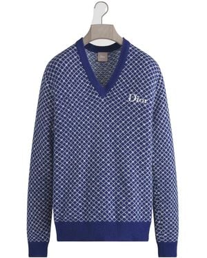 Dior Homme Jacquard V-Neck Knitted Sweater - Blue