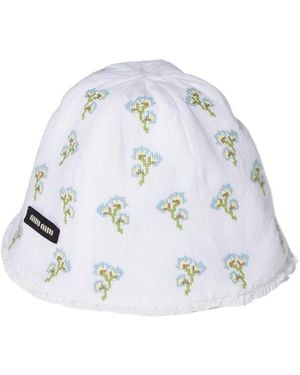 Miu Miu Embroidered Beanie Cap - White