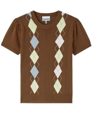 Ganni Argyle Short-Sleeve Knitted Top - Brown