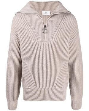Ami Paris Half-Zip Ribbed-Knit Sweatshirt - Grey
