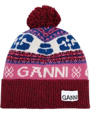 Ganni Wool Blended Woolen Cap - Red