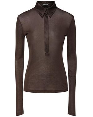Tom Ford Silk Jersey Long Sleeve Polo - Brown