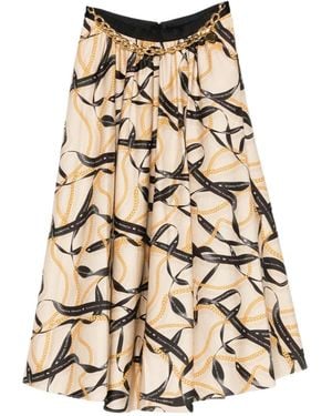 Elisabetta Franchi Printed Skirt With Ribbon And Chain Detail - Natural