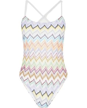 Missoni Striped Crochet-Knit Swimsuit - White