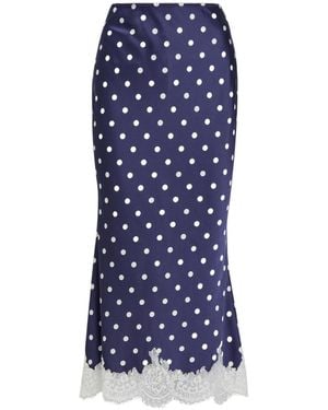 Self-Portrait Polka Dot Lace-Trim Satin Midi Skirt - Blue