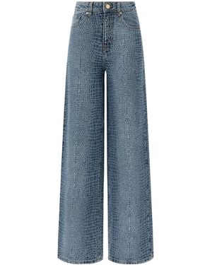 Self-Portrait Embellished Embossed Wide Leg Jeans - Blue