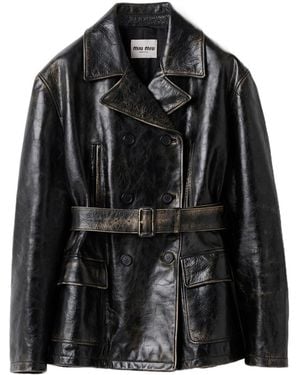 Miu Miu Double-Breasted Calf Leather Caban Jacket - Black