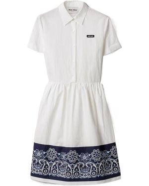 Miu Miu Slubbed Poplin Dress With Print - White