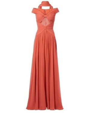 Elie Saab Gathered Lace-Trimmed Silk Gown