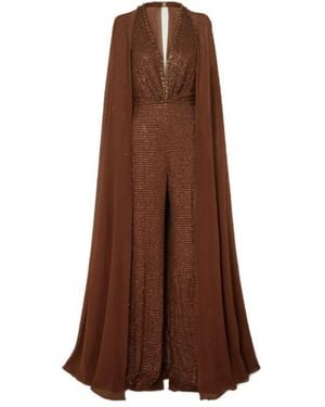 Jenny Packham Embellished Jumpsuit With Cape Effect - Brown