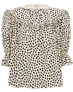 Chloé Crepe Puff-Sleeve Ruffled Top - White