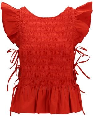 Ganni Smocked Peplum Tops - Red