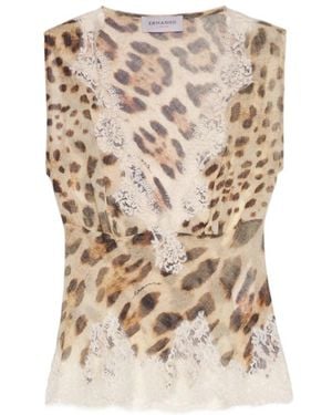 ERMANNO FIRENZE Lace Trim Animal Print Top - Natural