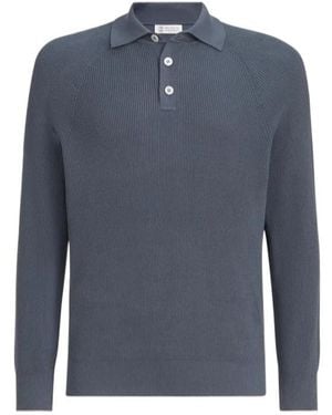 Brunello Cucinelli Cotton English Rib Knit Polo With Long Raglan Sleeves - Blue