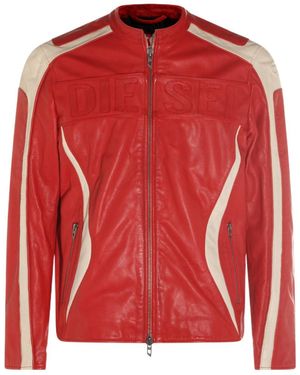 DIESEL Zip-Up Crewneck Leather Jacket - Red