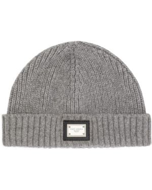 Dolce & Gabbana Ribbed Logo-Plaque Beanie Hat - Gray