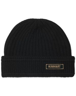 Burberry Logo Embroidered Ribbed-Knit Beanie - Black