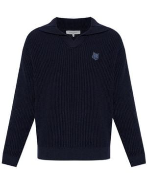Maison Kitsuné Logo-Embroidered V-Neck Jumper - Blue