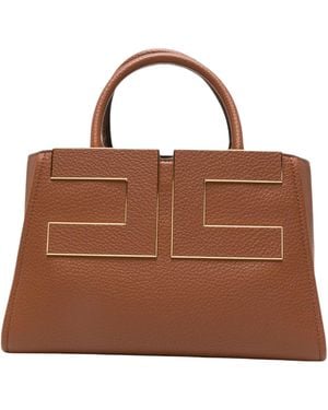 Elisabetta Franchi Logo-Plaque Grained Tote Bag - Brown