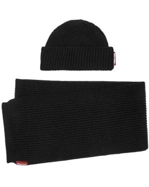 DSquared² Logo Tag Ribbed-Knit Beanie Scarf Set - Black