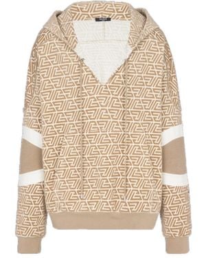 Balmain Hoodie With Printed Pyramid Monogram - Natural