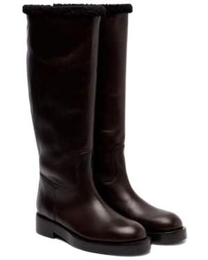 Paris Texas Shearling-Trimmed Leather Knee-High Boots - Black