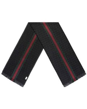 Gucci Gg Jacquard Knit Scarf With Web And Fringe - Black