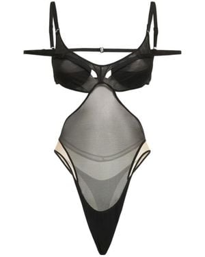 Mugler Hollowed-Out Gauze Bodysuit - Grey