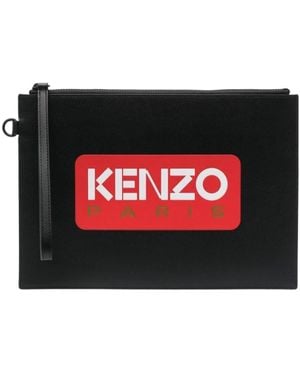 KENZO Logo Printed Zipped Large Clutch Bag - Black