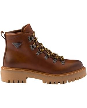 Prada Leather Laced Booties - Brown