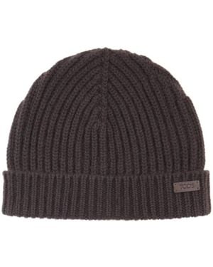 Tod's Ribbed Logo-Plaque Beanie Hat - Brown