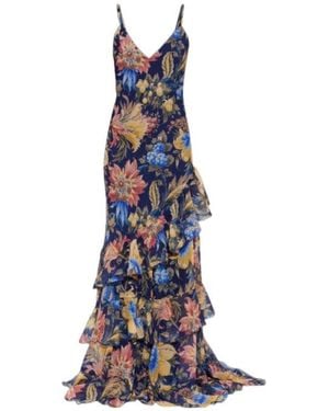 Etro Long Seersucker Dress With Ruffles And Floral Motif - Blue