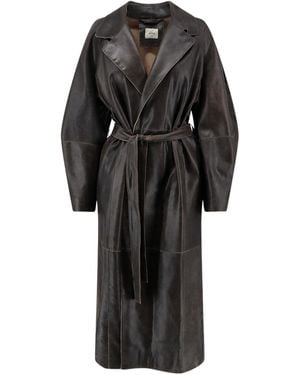Alysi Belted Long Leather Trench Coat - Black