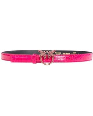 Pinko Galleria Thin 2Cm Shiny Colored Croc-Print Belt With Love Birds Buckle - Pink