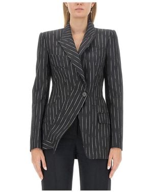 McQueen Asymmetric Stripe Detailed Blazer - Black