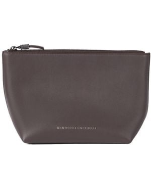 Brunello Cucinelli Calfskin Pouch With Shiny Zipper Pull - Grey