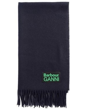 Barbour X Ganni Logo-Patch Wool Scarf - Blue