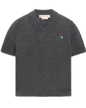 Marni Floral-Embroidered Short Sleeved Sweater - Gray